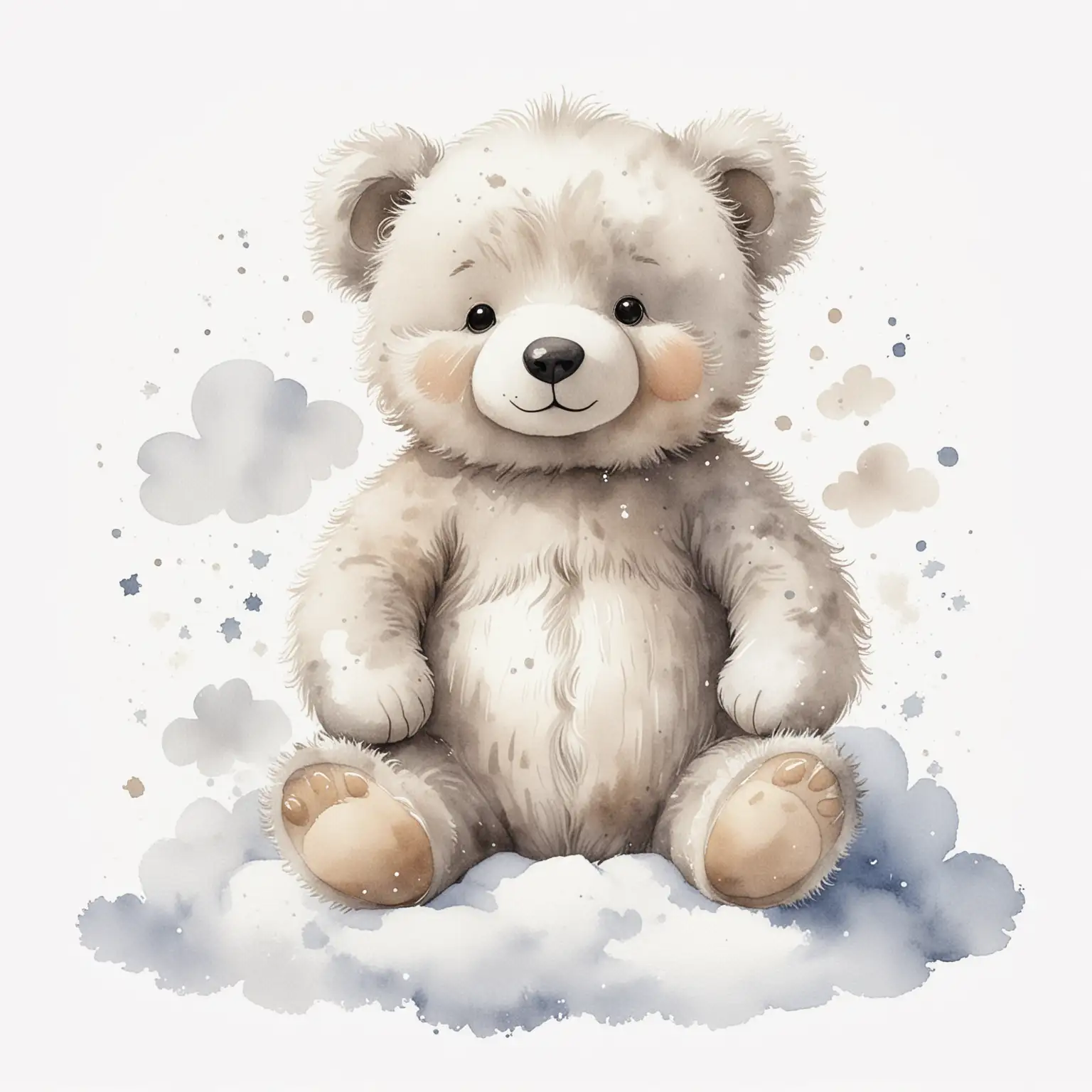 Cute Baby Teddy Bear on a Cloud in Muted Watercolor Style