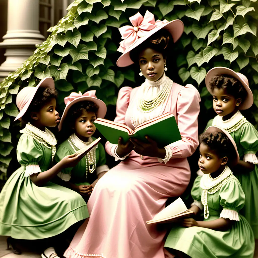 create am image of a elegant alpha kappa alpha woman from 1908 reading to children. utilize color, pearls and ivy
