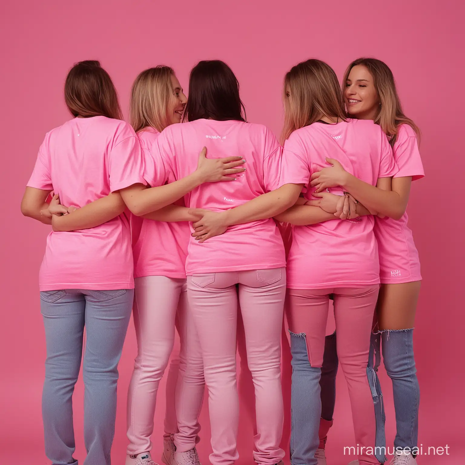 All group lesbians 17 years old and all in a straight line give hug happy two bye two and t-shirt pink fluo back view 