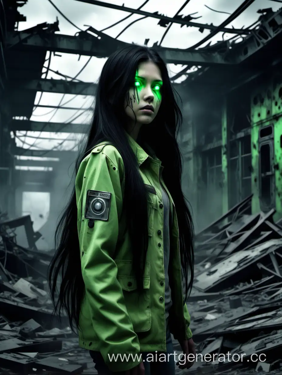 Девушка с длинными черными волосами и светящимися зелеными глазами находиться в Зоне Отчуждения и её поражает радиацией, вокруг много мутантов, разрушенная станция, мрачная атмосфера