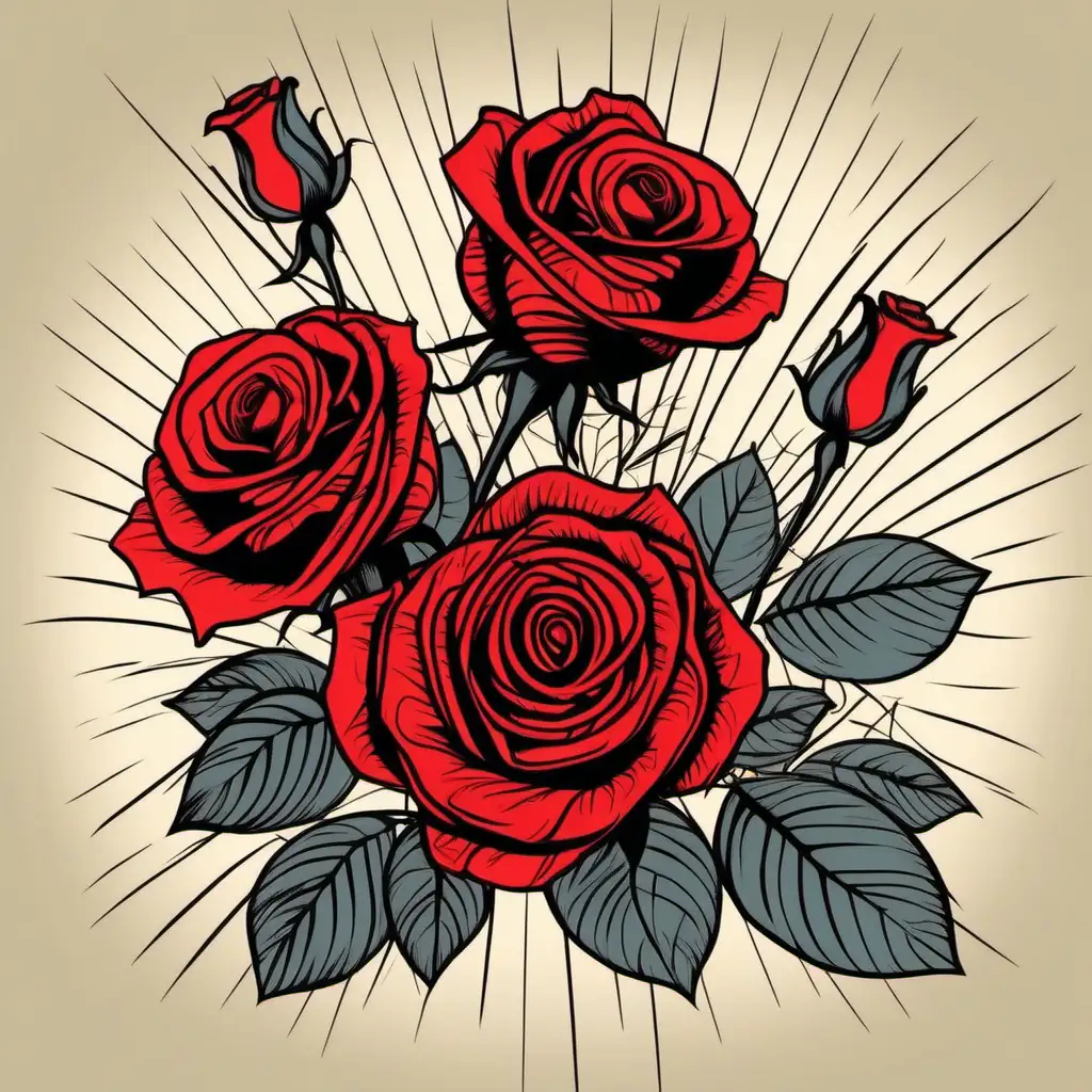 Vintage Vector Illustration of Red Roses with Bold Black Lines
