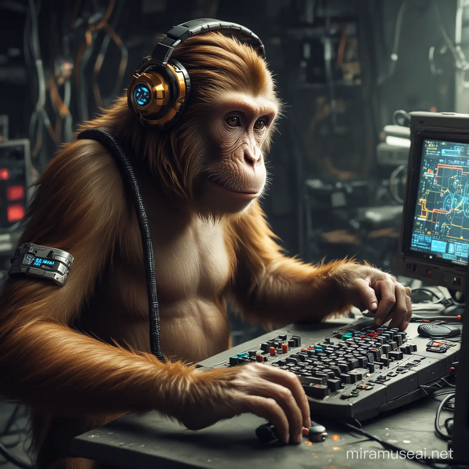 打游戏的猴子，需要赛博电子风格