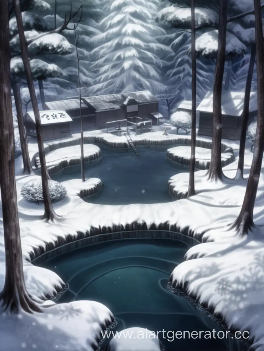 Enchanting-Winter-Hot-Spring-Scene-with-a-Dark-Forest-Surrounding-the-Academy-Danganronpa-Inspired-Art