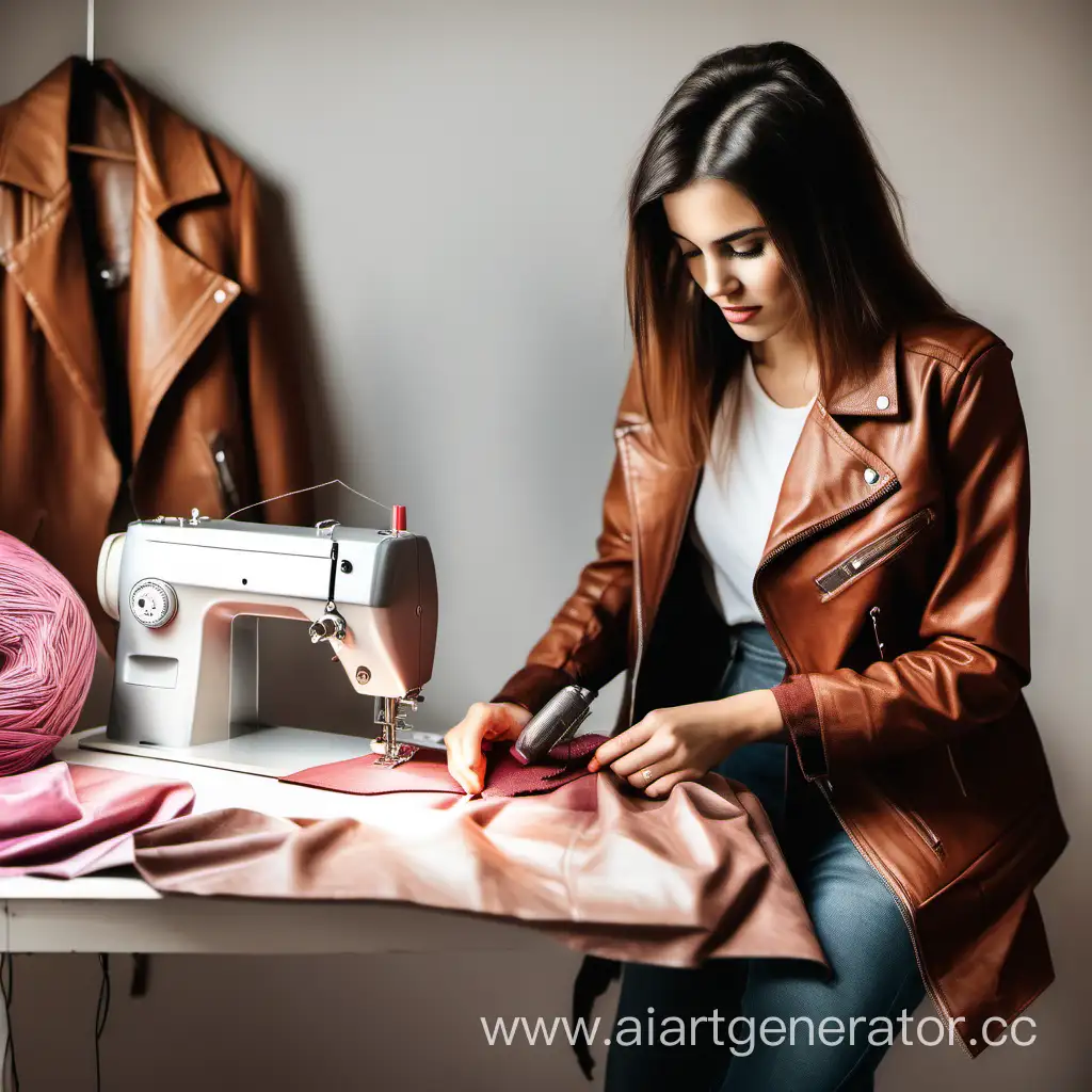Stylish-Craftswoman-Sewing-in-a-Bright-Leather-Jacket