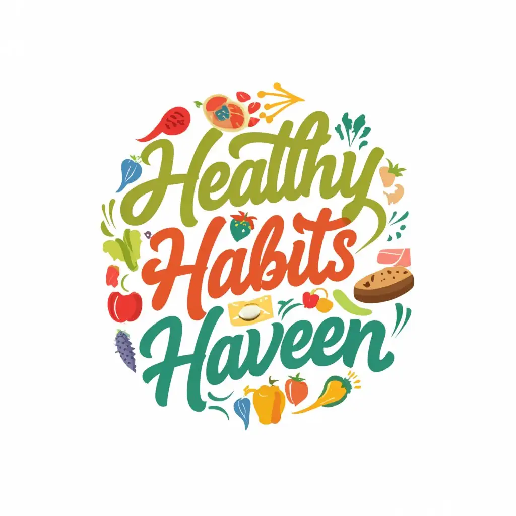a logo design,with the text "HEALTHY HABITS HAVEN", main symbol:Create a logo with bright colours and a modern design with graphics of healthy food options and symbols of weight loss with the text "Health Habits Haven",complex,clear background