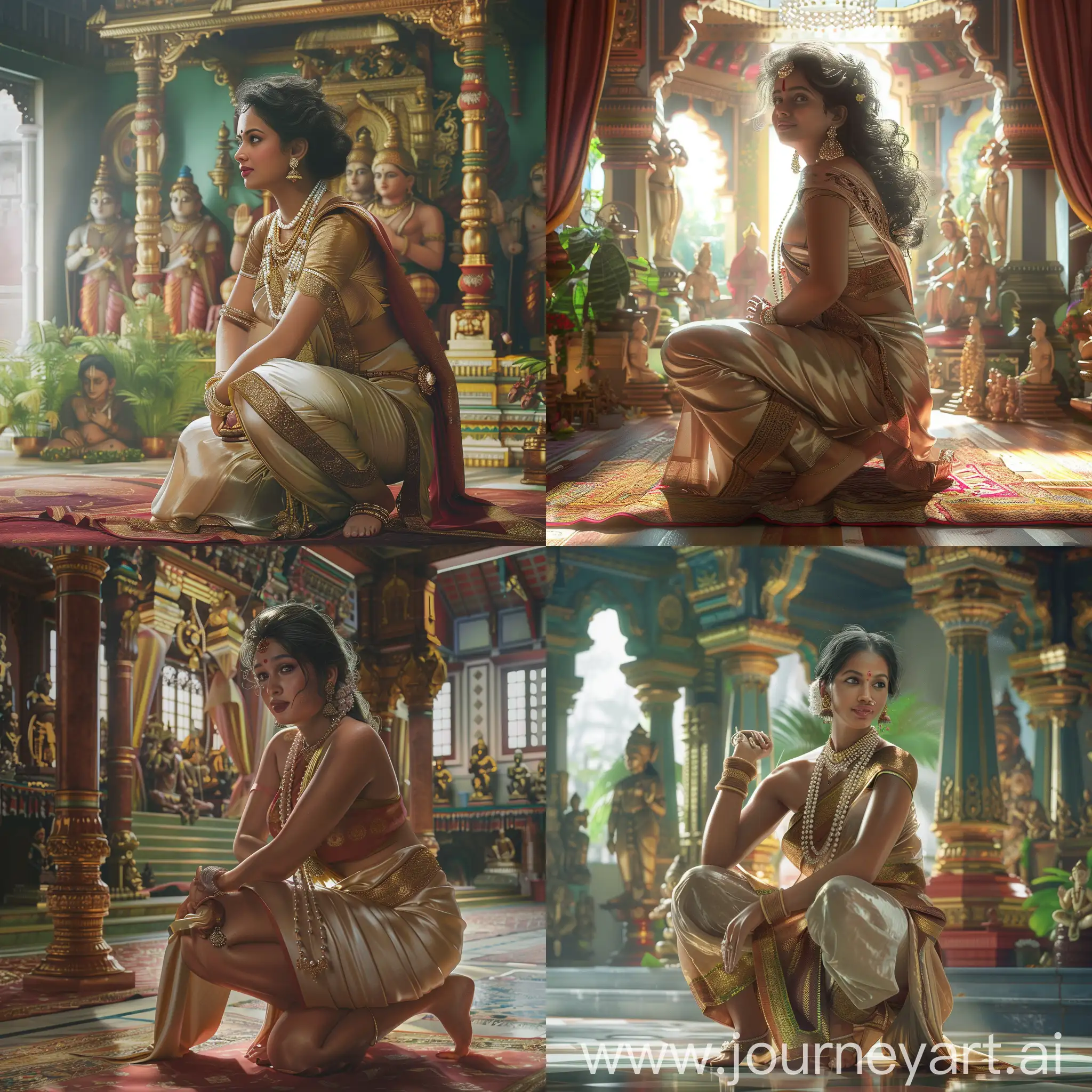 hyperrealistic photorealistic visual of a very beautiful, curvy, clad in traditional saree, Malayali woman squatting, she wears a large pearl necklace chain, intricately detailed and picturesque lush home pooja hall where idols of Gods are decorated background, waist shot, half body shot, 
