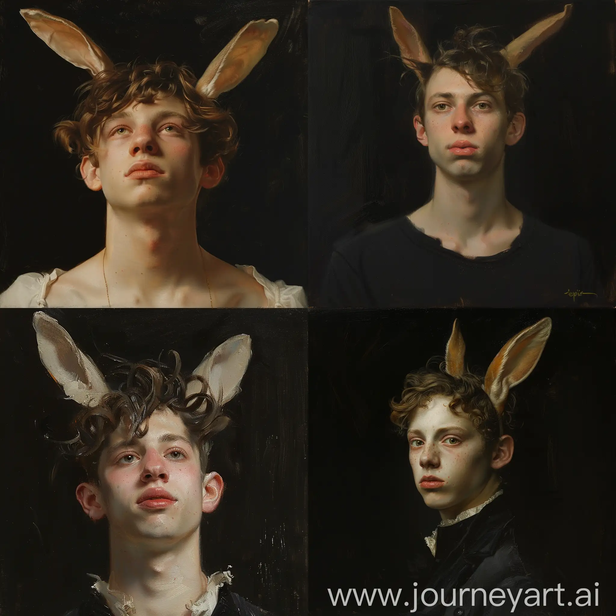 a painting of a young man with rabbit ears, wlop John singer Sargent, jeremy lipkin and rob rey, range murata jeremy lipking, John singer Sargent, black background, jeremy lipkin, lensculture portrait awards, casey baugh and james jean, detailed realism in painting, award-winning portrait, amazingly detailed oil painting