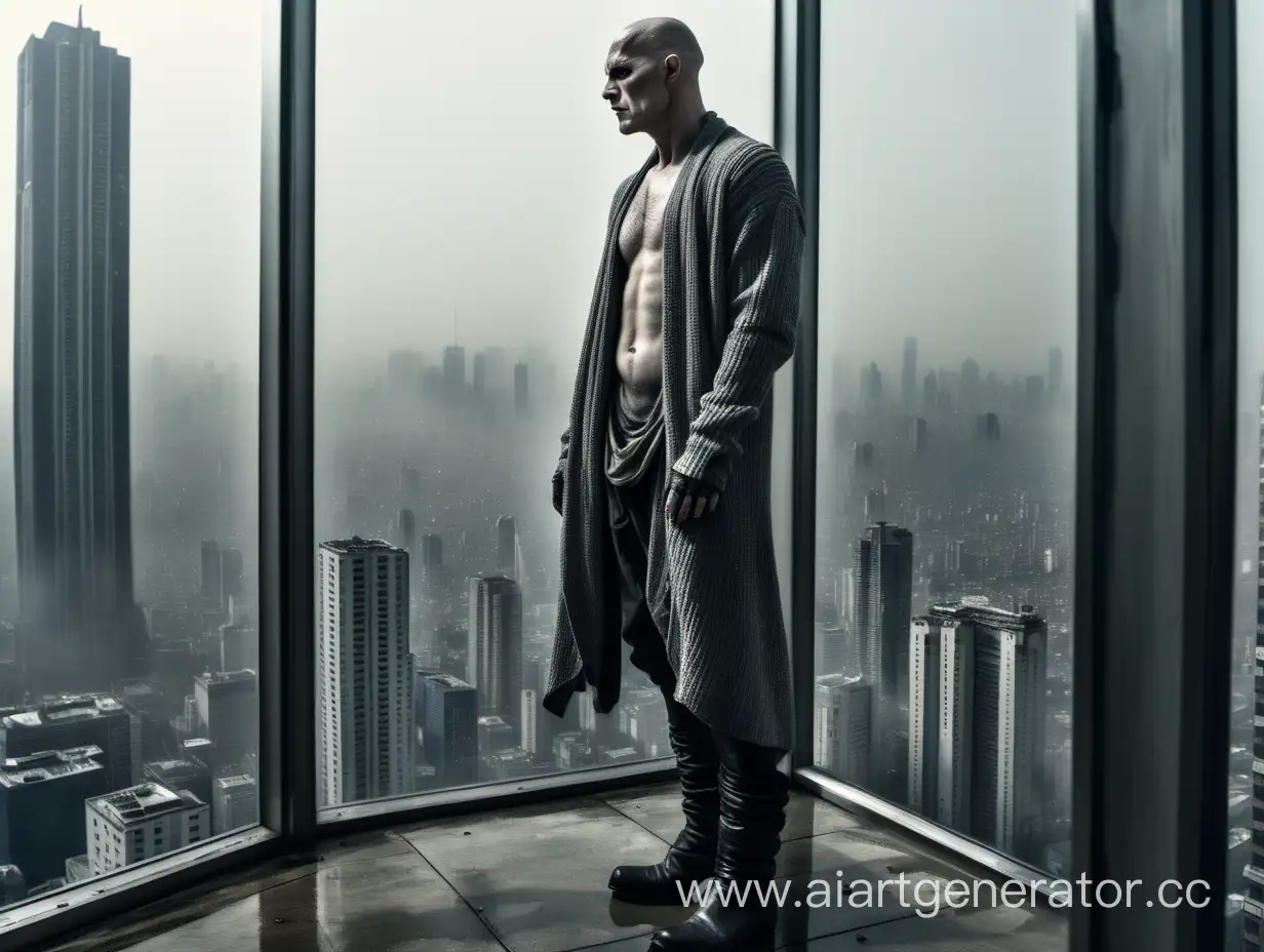 a bald man wearing a grey cardigan and boots of rick owens, looking from an apartment of a high skyscraper on a city like in blade runner.  show full body. afternoon. very detailed, 4K HQ, depth of field, f/1.2, Leica, 8K HDR, High contrast. Subject: The Human-to-background ratio is visually striking at 1:20