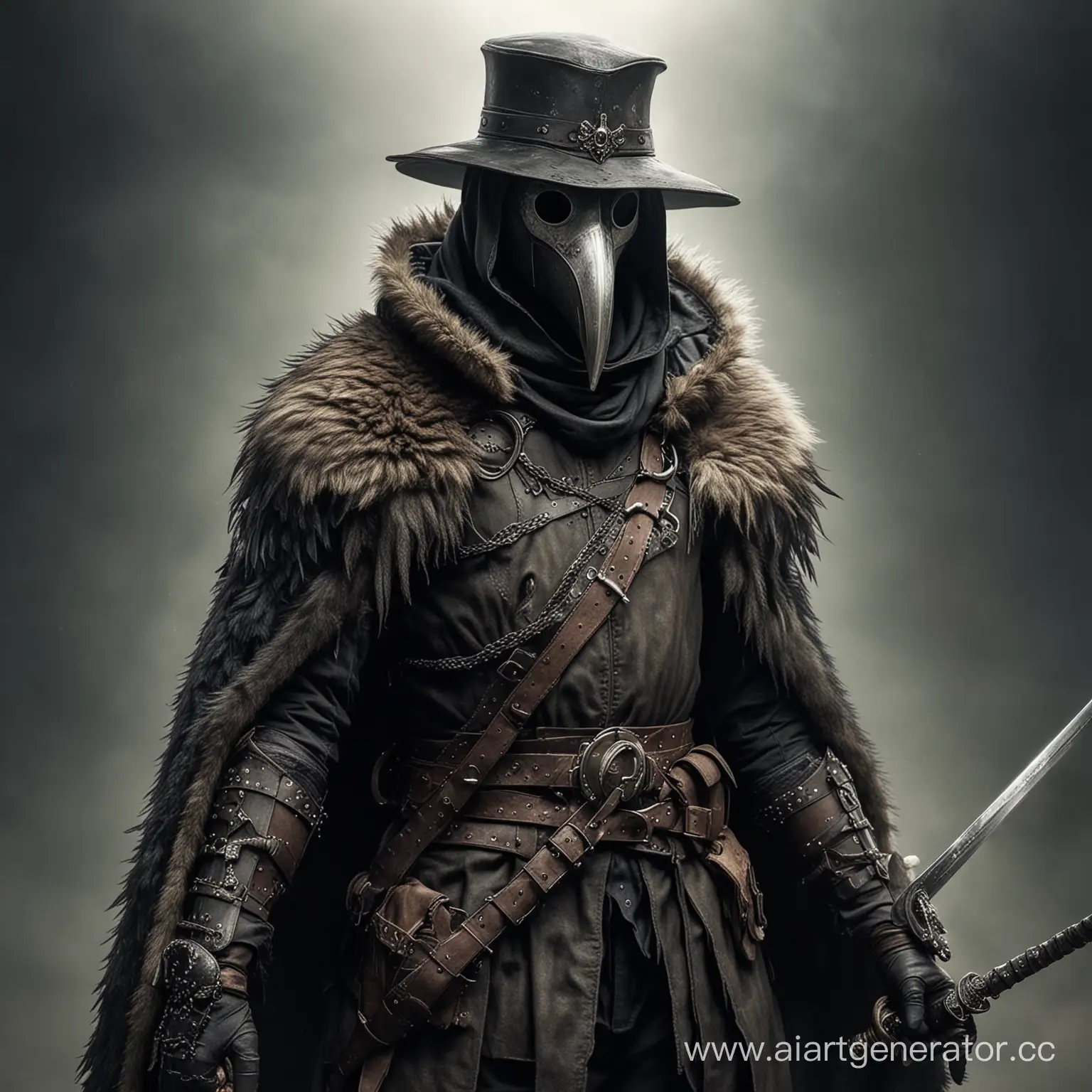 Чумной доктор одетый в меховую броню с мечом за спиной
