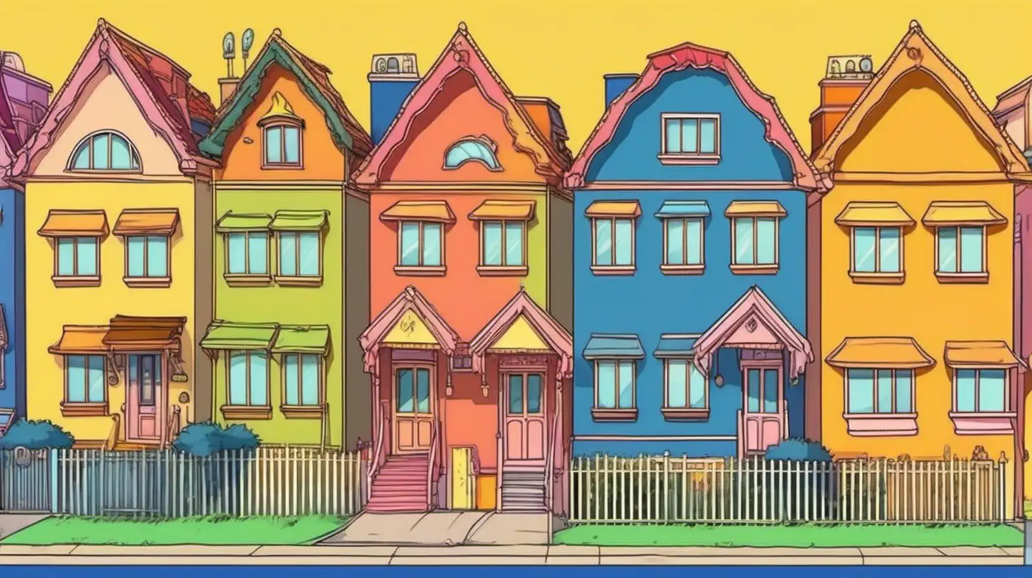 In cartoon anime style, a neighborhood full of colorful houses similar to The Simpsons