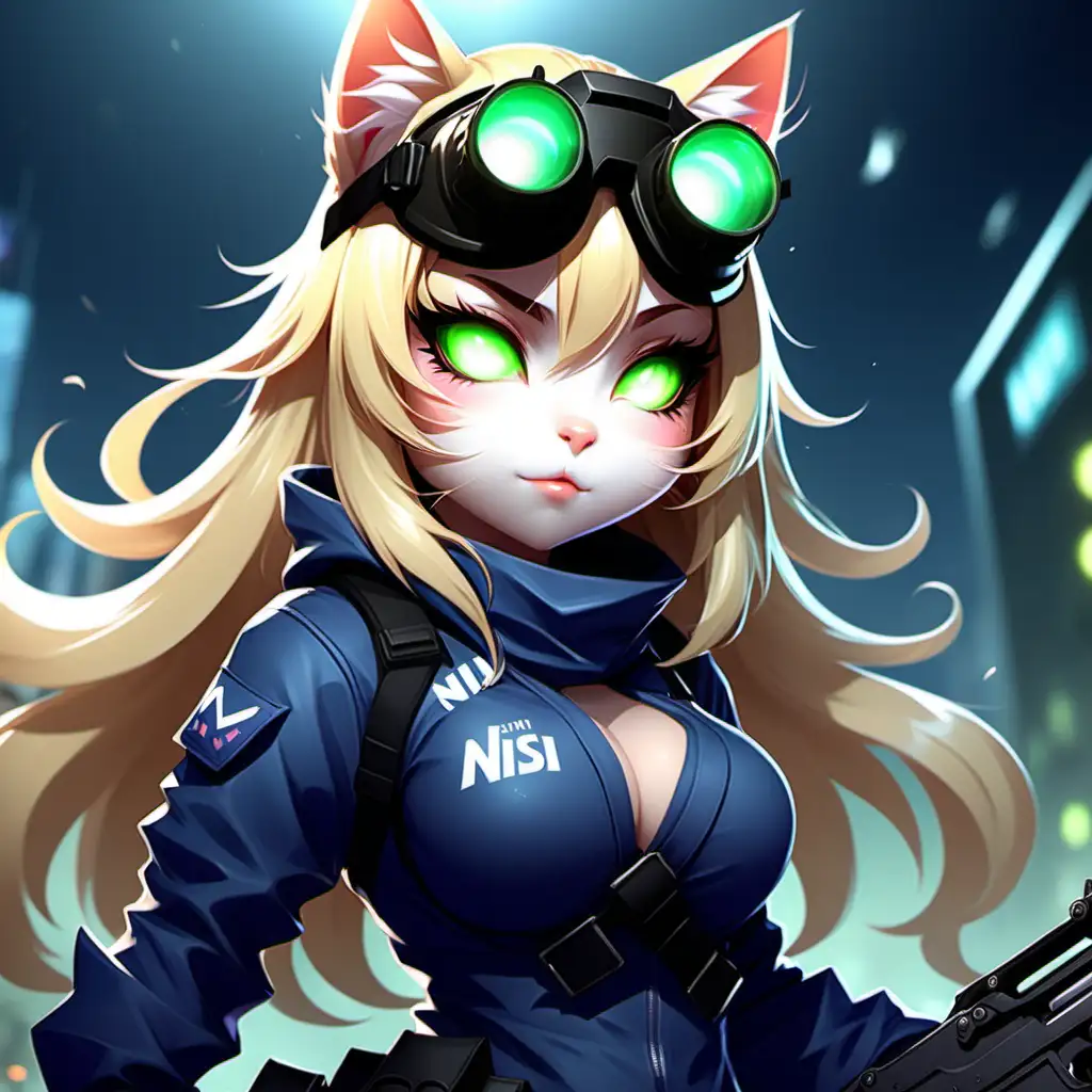 blonde, waifu cat girl, riot games art style, splash art, tactical, soldier, wearing night vision goggles --niji 5 --style cute