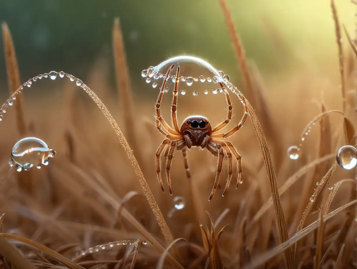 des petites araignées mignonnes ramassent des gouttes de rosée dans l'herbe brune d'une forêt
