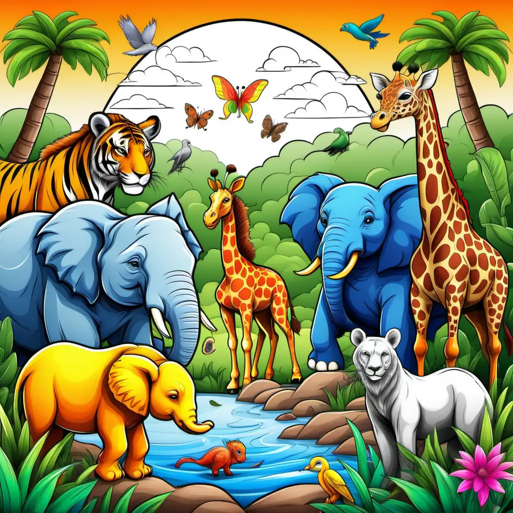 Imagine a coloring book cover for kids featuring wild animals, high definition, no shadow, cartoon style, vivid colors 