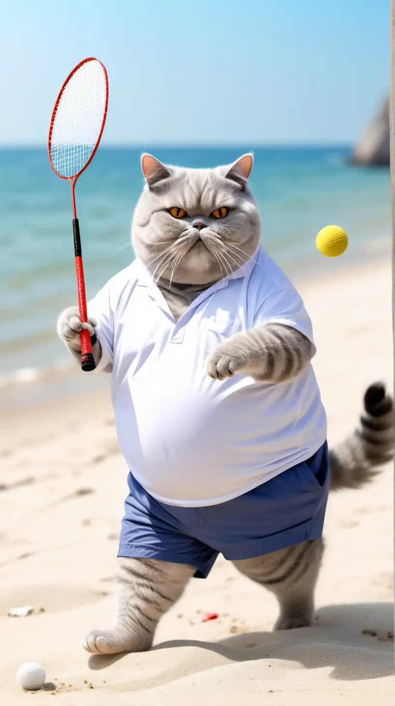 Playful Fat Gray Cats Enjoying Beach Badminton Fun