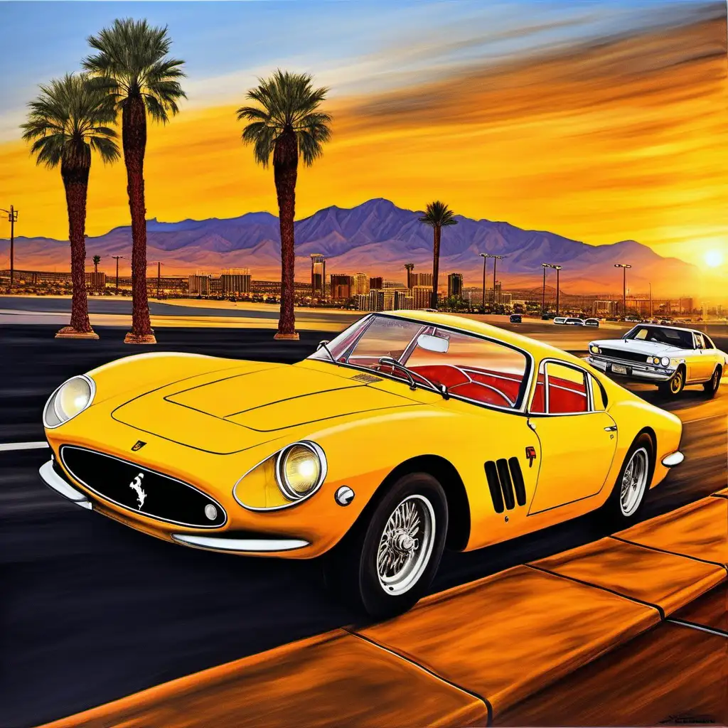 Painting of an old ellow Ferrari în the sunset las vegas