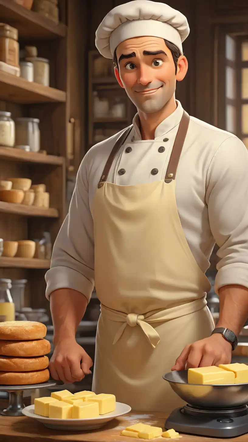 Create a 3D illustrator of an animated side look where a baker in his 30s with a calm face, is weighing butter using a weighing scale. Beautiful,and spirited background illustrations.