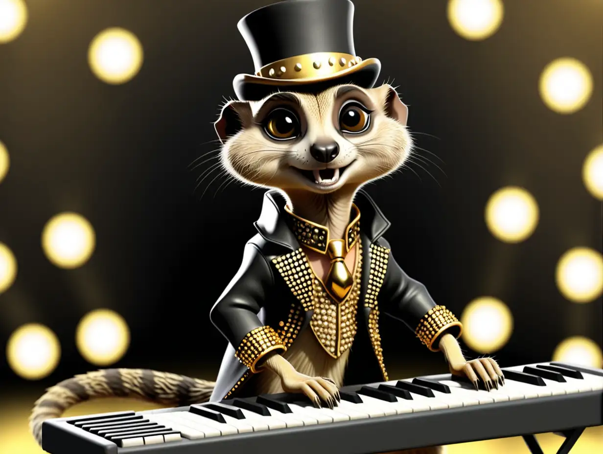 A male meercat dressed glam with a gold top hat, gold jewelery and a long black and gold studded jacket playing a black keyboard. Make the background a stage with lights. Camera angle full body view. Make it wide angle