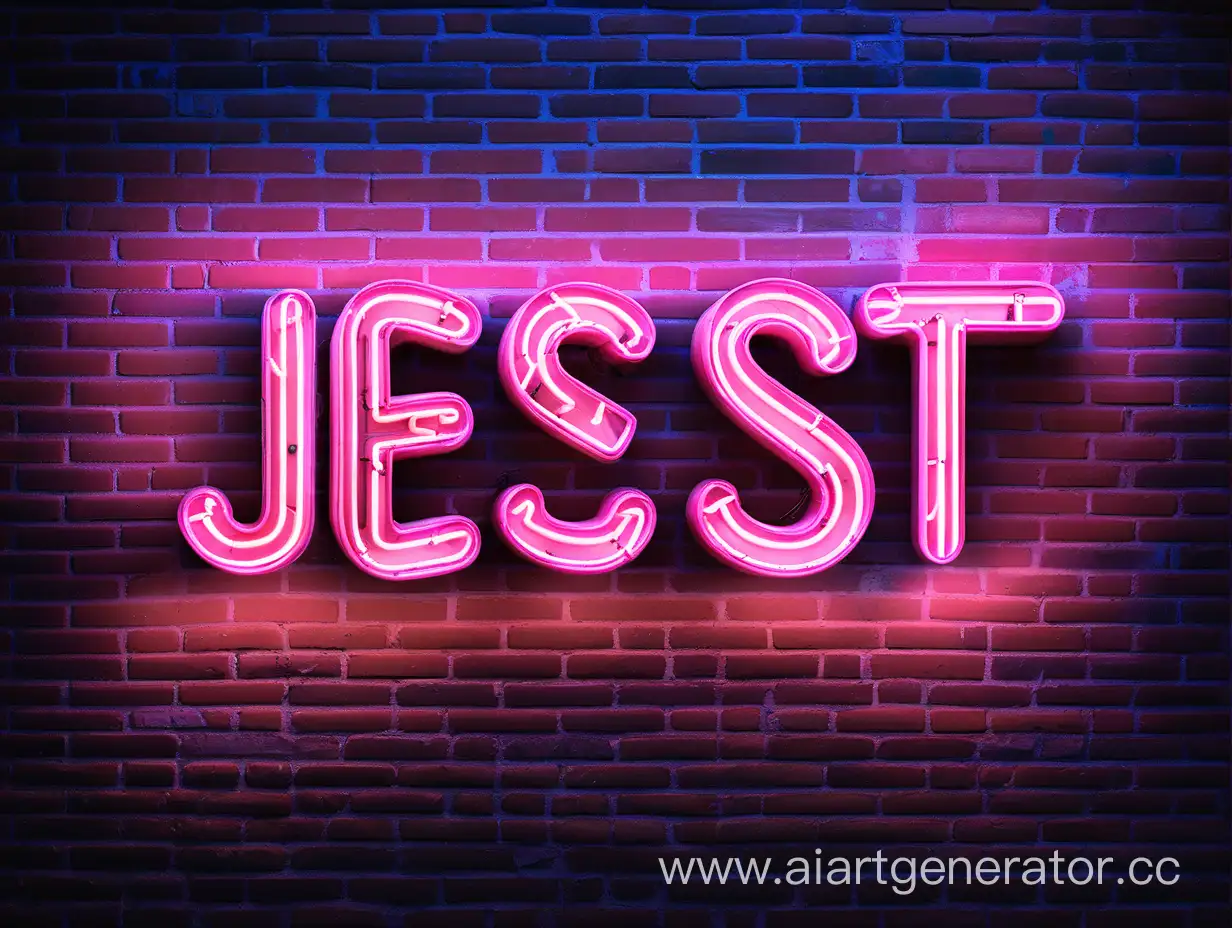 neon sign JEST on a brick background
