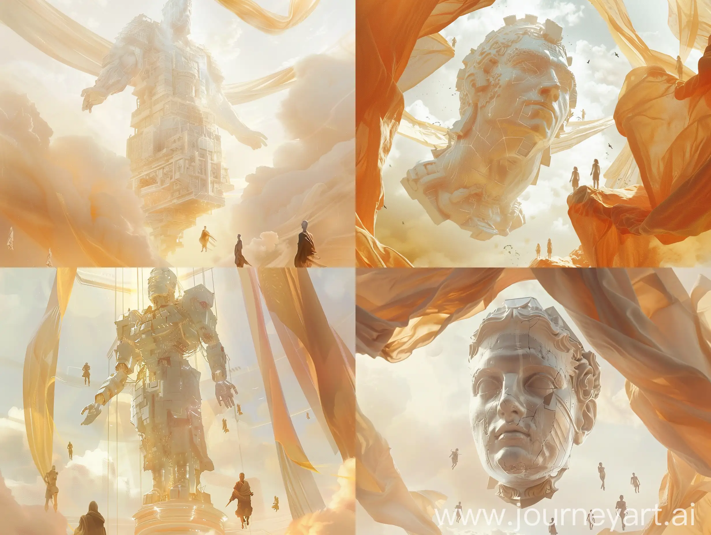 Floatin,colosl,futuristic statue in the sky,awe-inspiring and serene,in the style of Stuart Lippincot:2,with detailed composition and subtle geometric elements.This sanctuary-like atmosphere features crisp clarity and soft amber tones.n contrast.tiny human figures suound the statue,The piece incorporates flowing draperies.reminiscent of Shwedoff and Philip McKay s styles,emphasizing thejuxtaposition between the powerful presence of the statue and thevulnerability of the minuscule human figures shwedoff