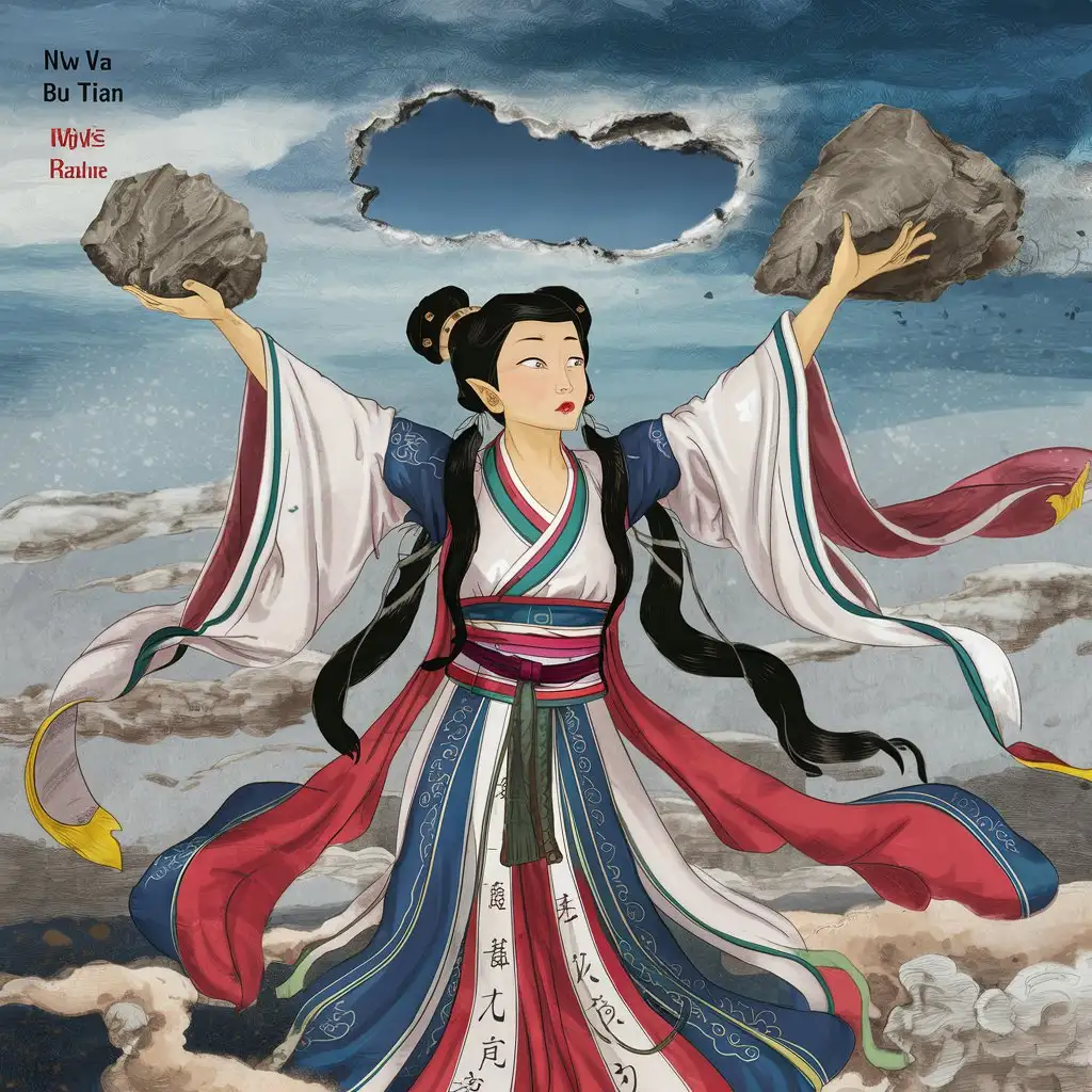 An image about Chinese myth Nv Wa bu tian.  The fairy lad有Nuwa should wear traditional Chinese Han dynasty garments. The gilr should fly to the sky with a rock in her hand and the sky has a hole. She needs to wear an ancient Chinese woman's dress and is flying to the sky. Please do not draw wings for her. Let her look at the sky and  lift her arms with a big rock in one of her hands. Nuwa's hand should have a rock and flying to mend the sky.