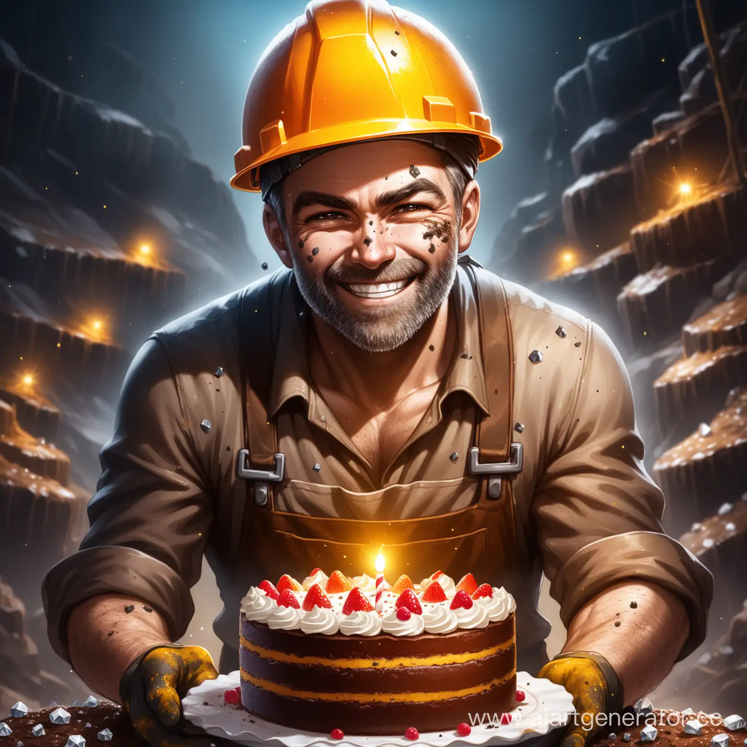 Smiling-Miner-Celebrates-Discovery-with-Cake-and-Diamonds