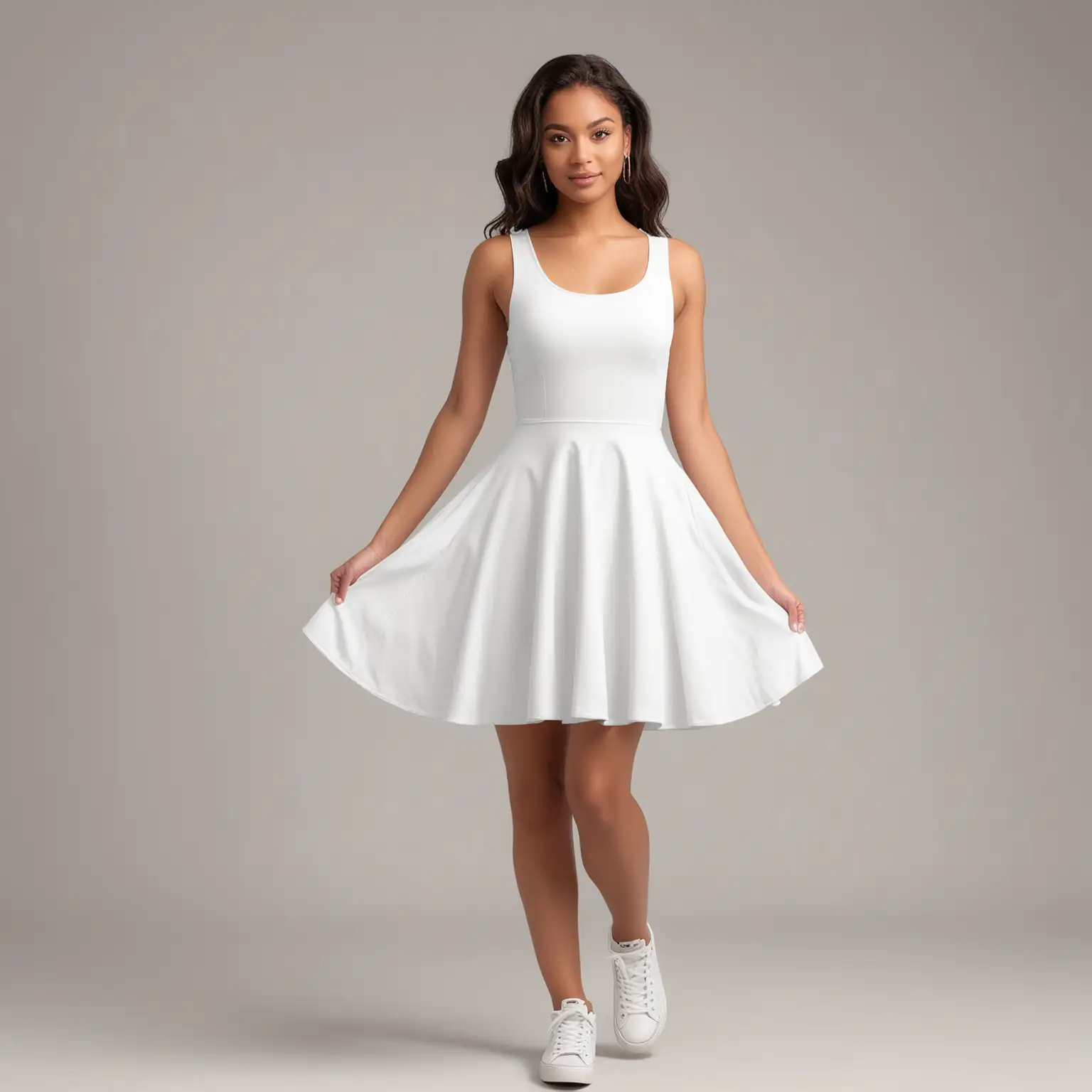 mockup for a skater style dress with tank top sleeves.  the model should be female and resemble carrier white.  the background of the phot should look like a prom.