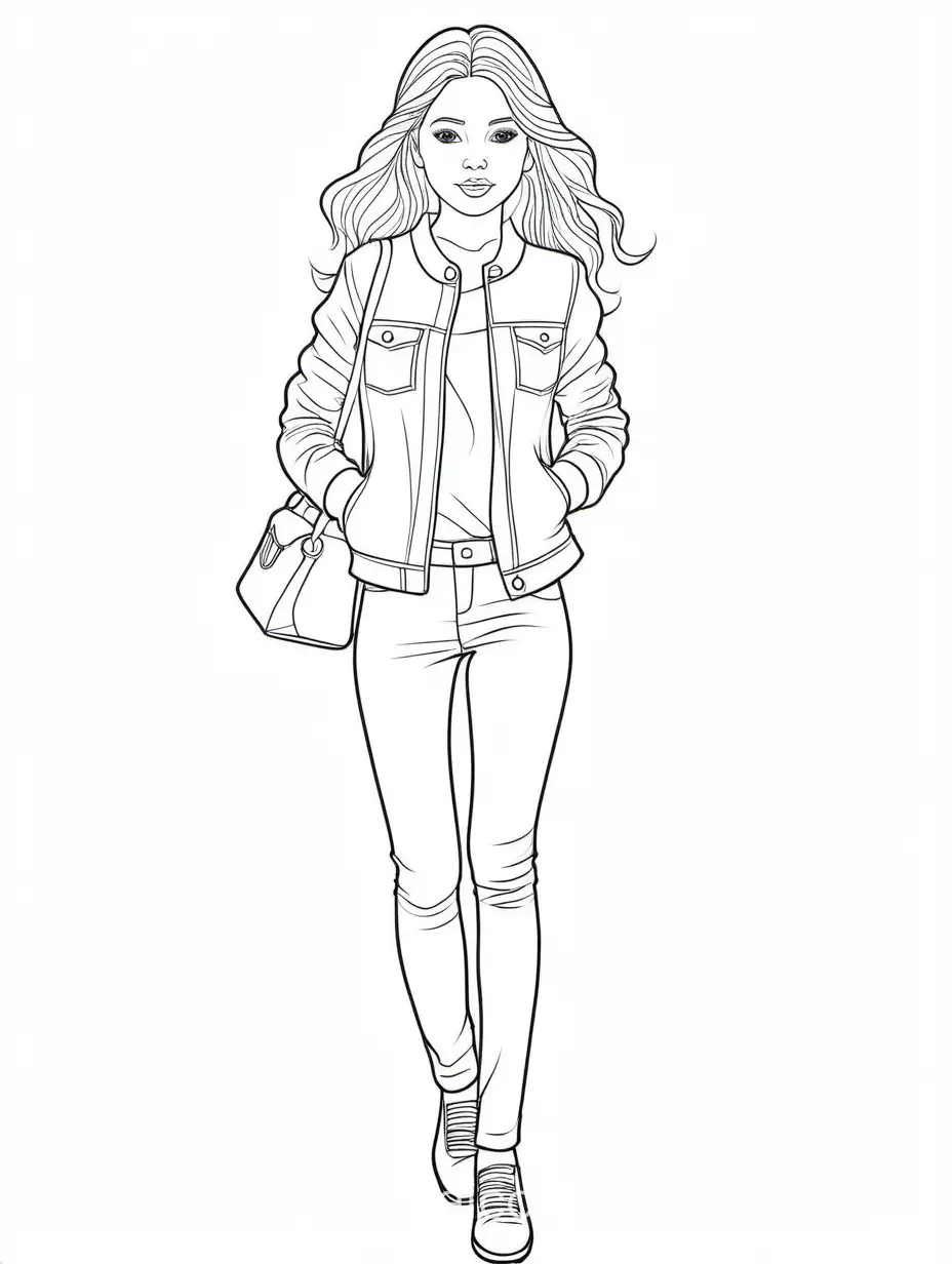 girl's fashion model, Coloring Page, black and white, line art, white background, Simplicity, Ample White Space. The background of the coloring page is plain white to make it easy for young children to color within the lines. The outlines of all the subjects are easy to distinguish, making it simple for kids to color without too much difficulty