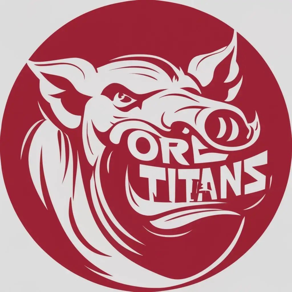 logo, Mining boar red, with the text "ore titans", typography
