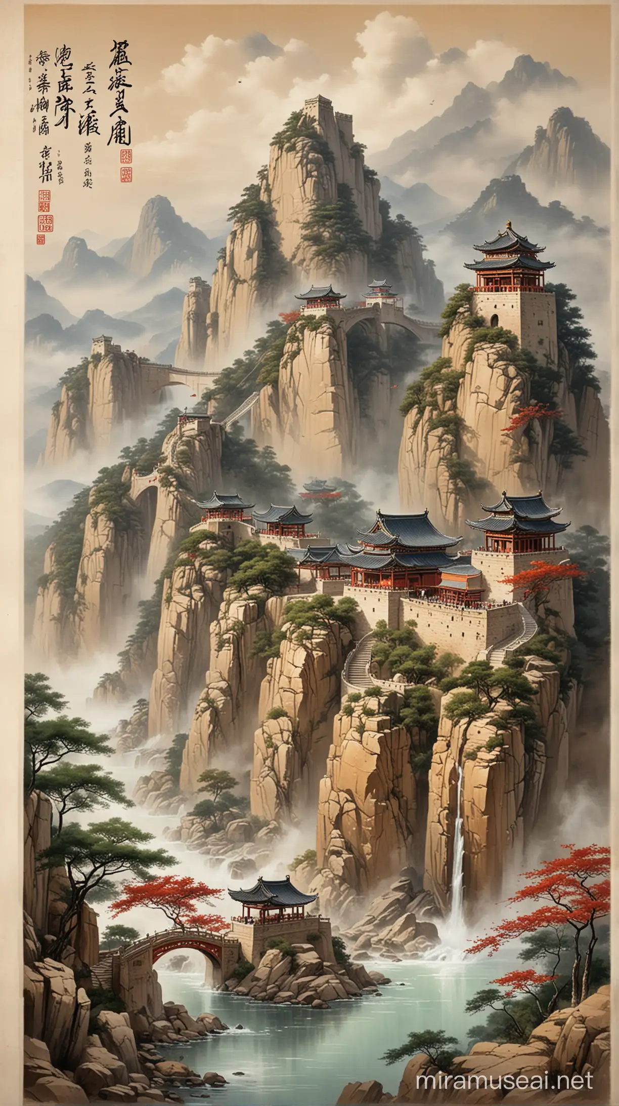 Ancient Chinese Cityscape with Warriors and Calligraphy