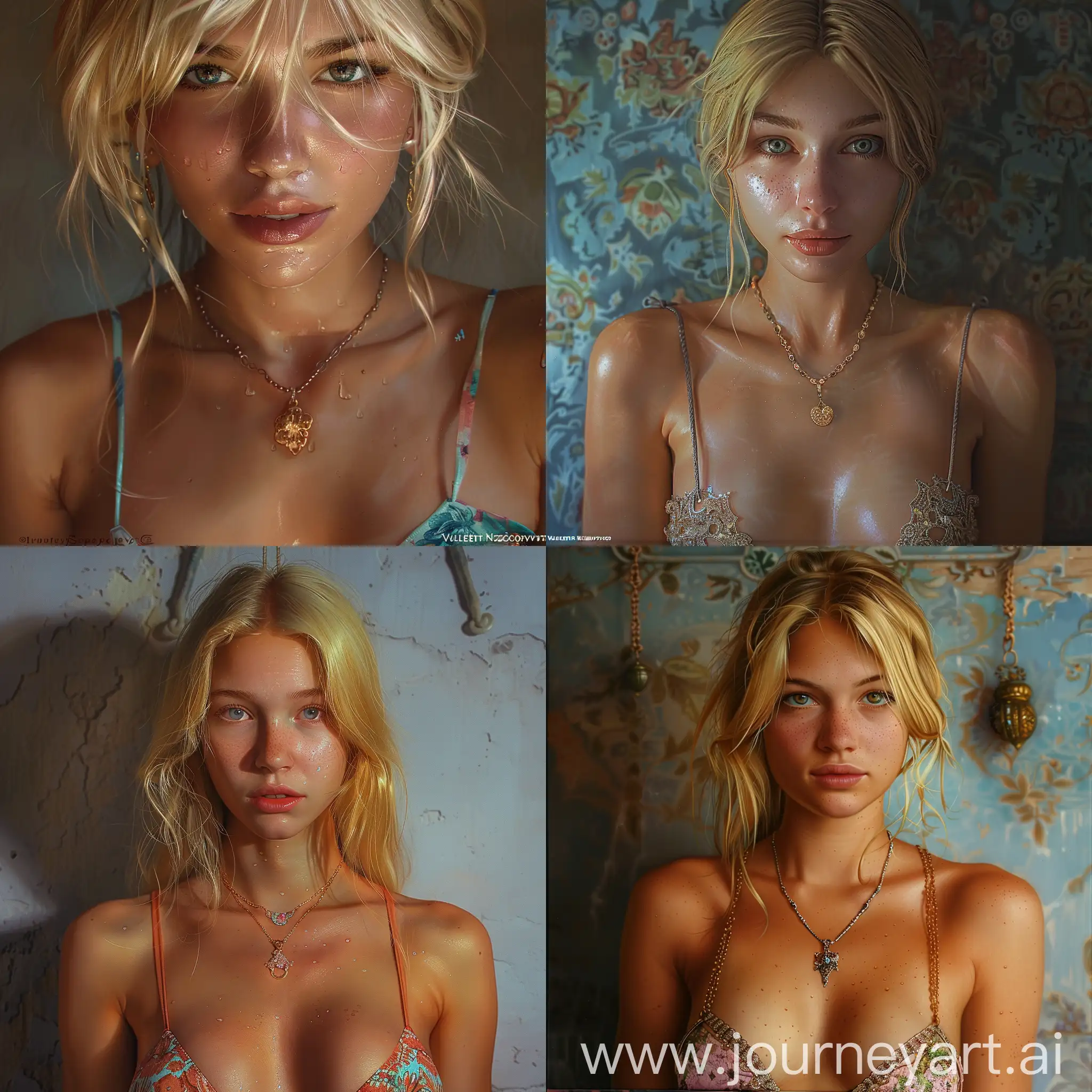 a Young blonde woman, (Bruletova), wearing a bikini top and a necklace, a photorealistic painting by Victor Nizovtsev, trending on cg society, neo-romanticism, enchanting, detailed, anime aesthetic, photoshoot