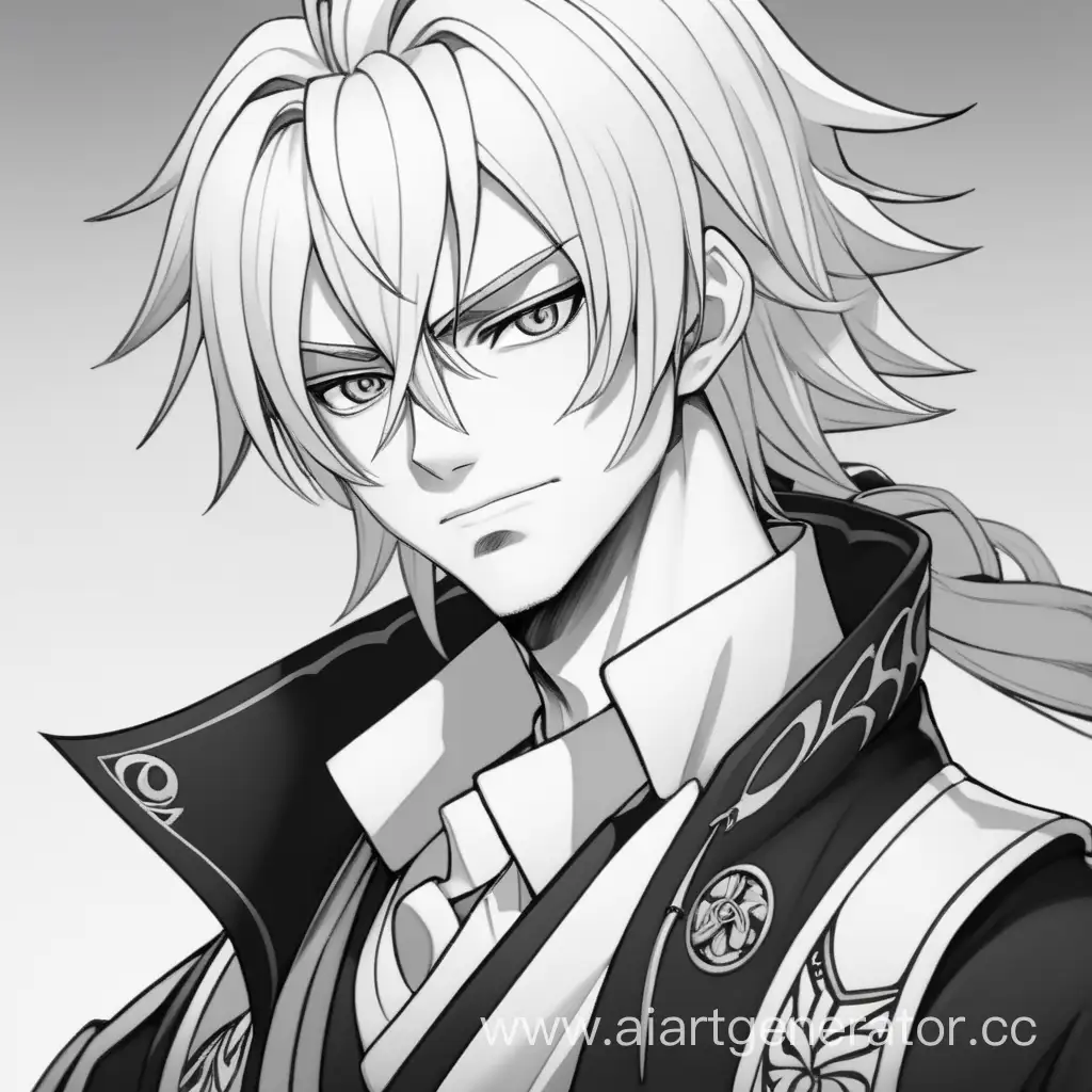Anime boy character, white haired Yang, Dmitrij Kronos, black and white style