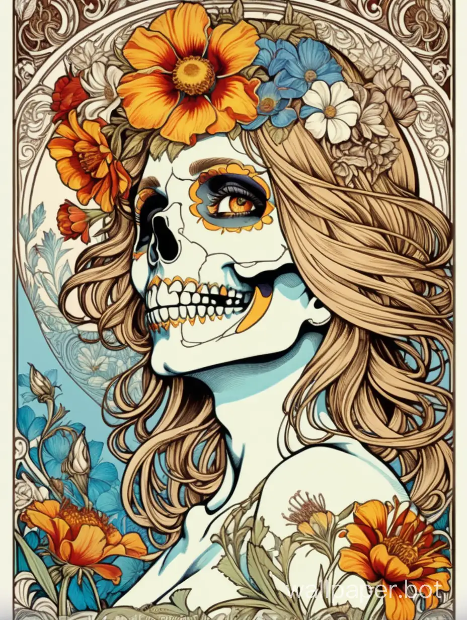 Seductive-Skull-Woman-amidst-Explosive-Wild-Flowers-Pop-Art-Poster-with-Alphonse-Mucha-Ornamental-Touch
