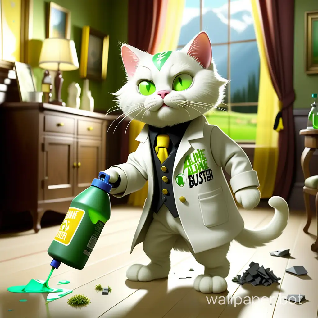 White Cat, dressed in TRASH BUSTER attire, in a frock coat, walking through a beautiful room with lots of Alpine Meadow on the floor, leaving a shine on the floor behind him, holding a green spray bottle with a yellow trigger in his hand, the logo on the bottle says Trash Buster.