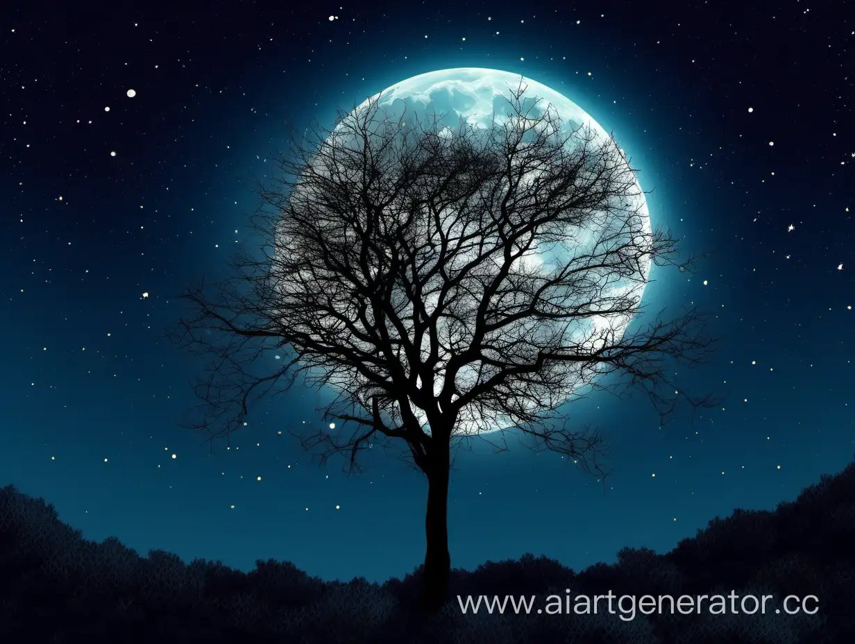 Дерево на фоне ночного неба с полной луной