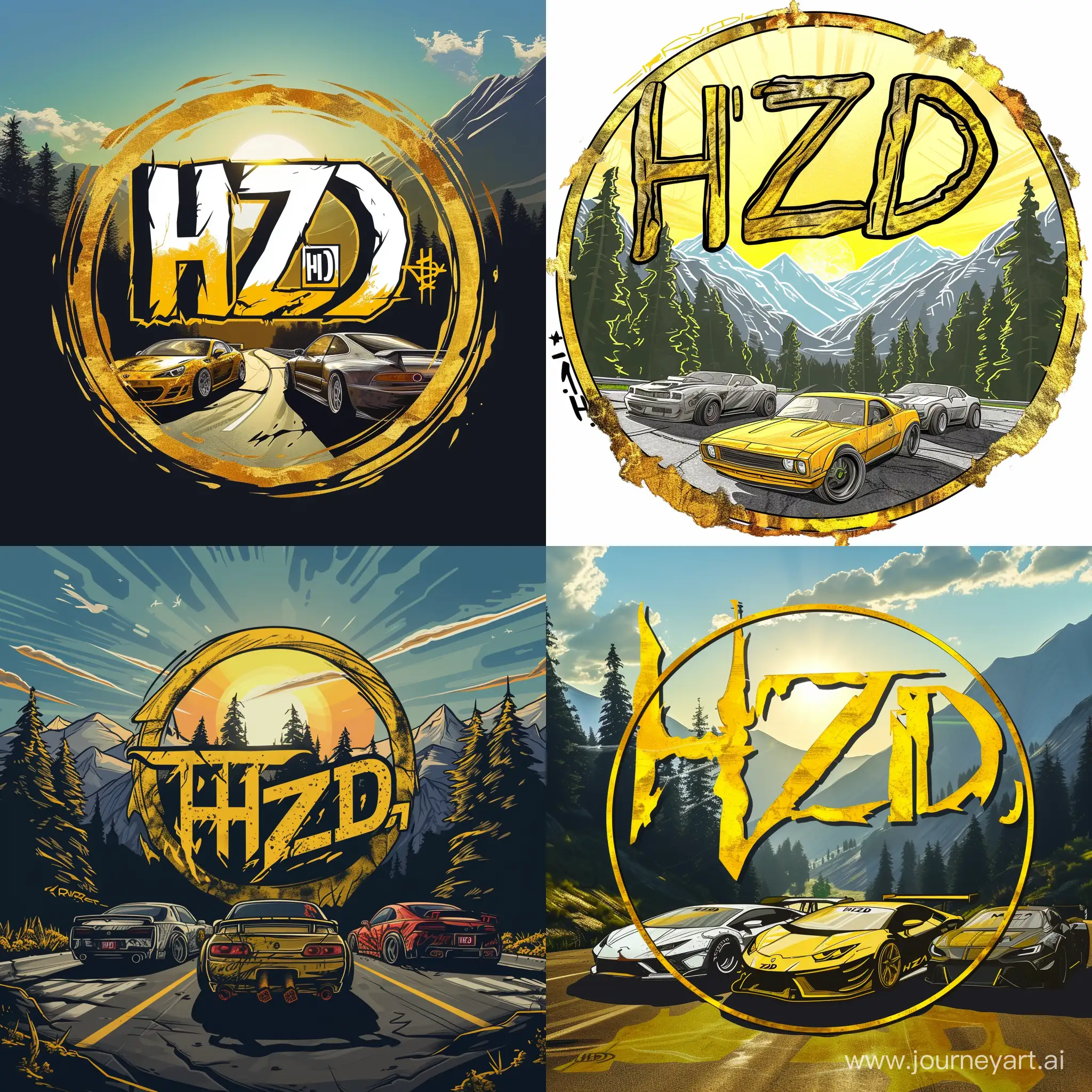 draw style car race logo in circle shape, sunny, some racing cars, gold color, apocalyptic look
with HZD tag , graffiti font, mountains with trees with road in backround