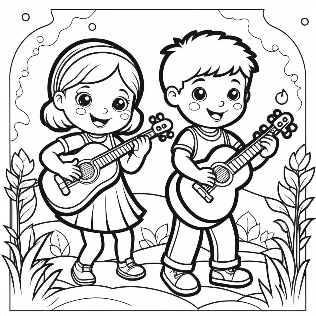 Children Playing Musical Instruments in Outline Coloring Book Style