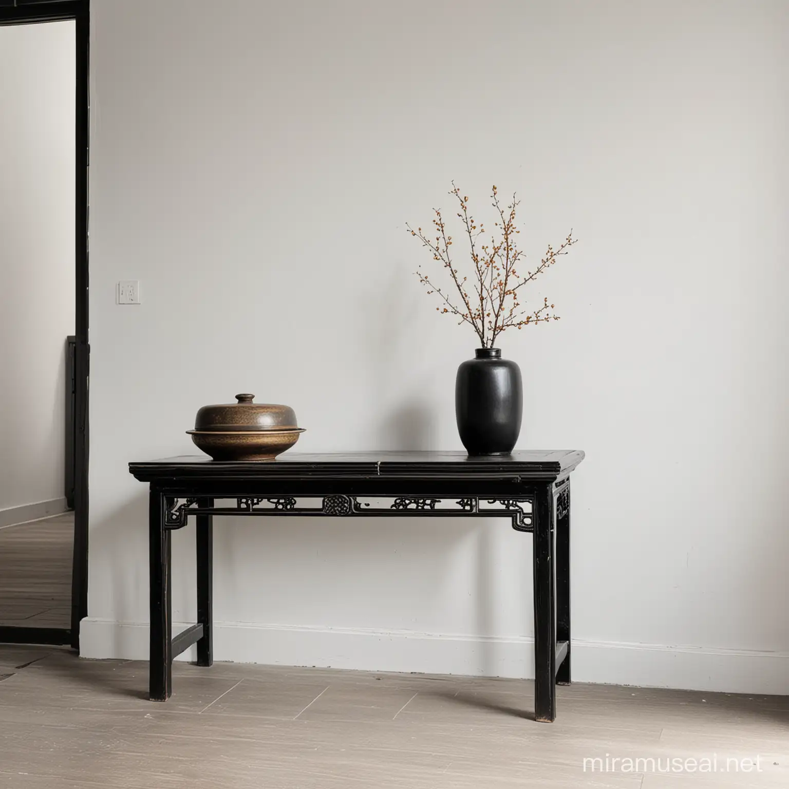 a black Chinese table in a hall against a white wall