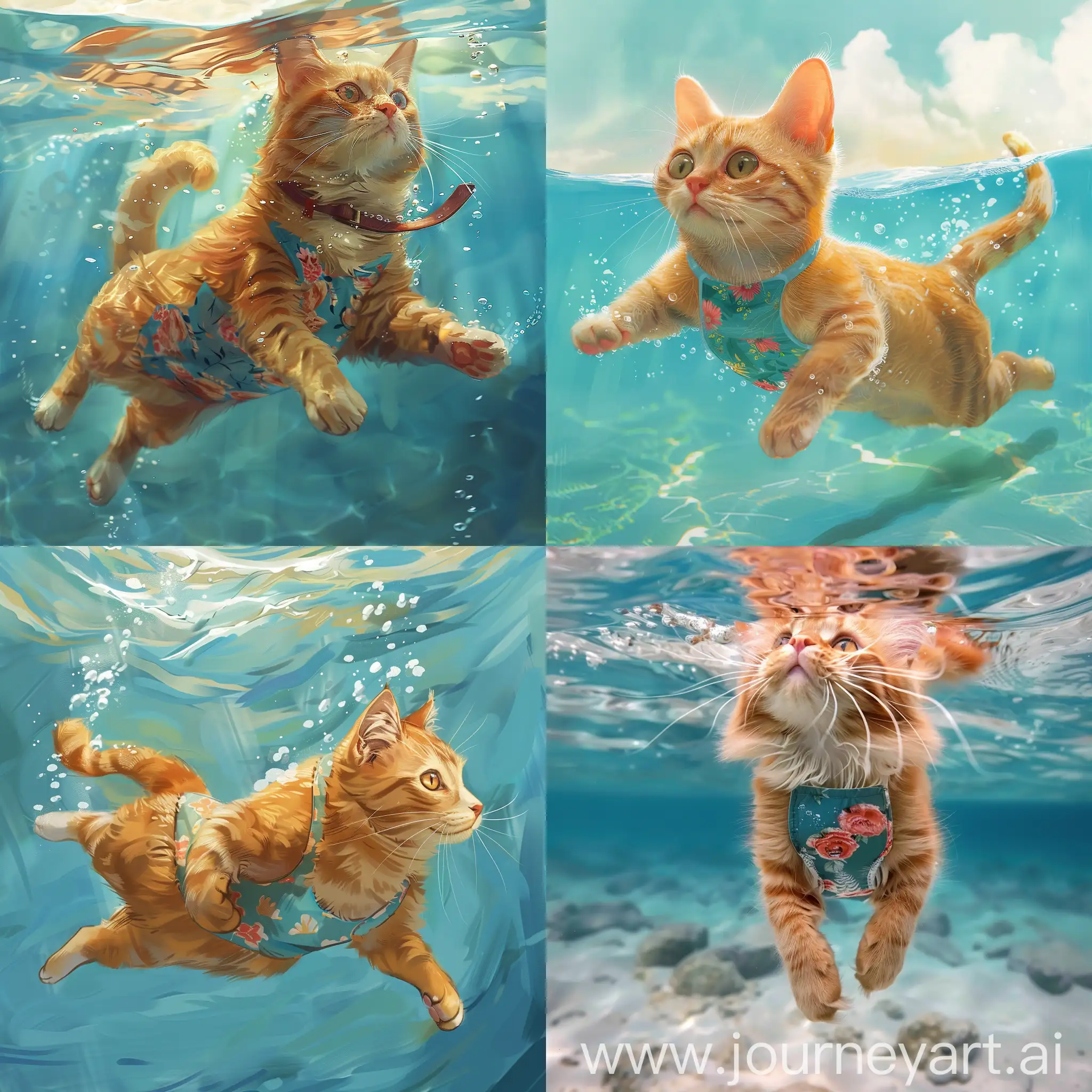 橘猫，在海上游泳，穿着泳衣