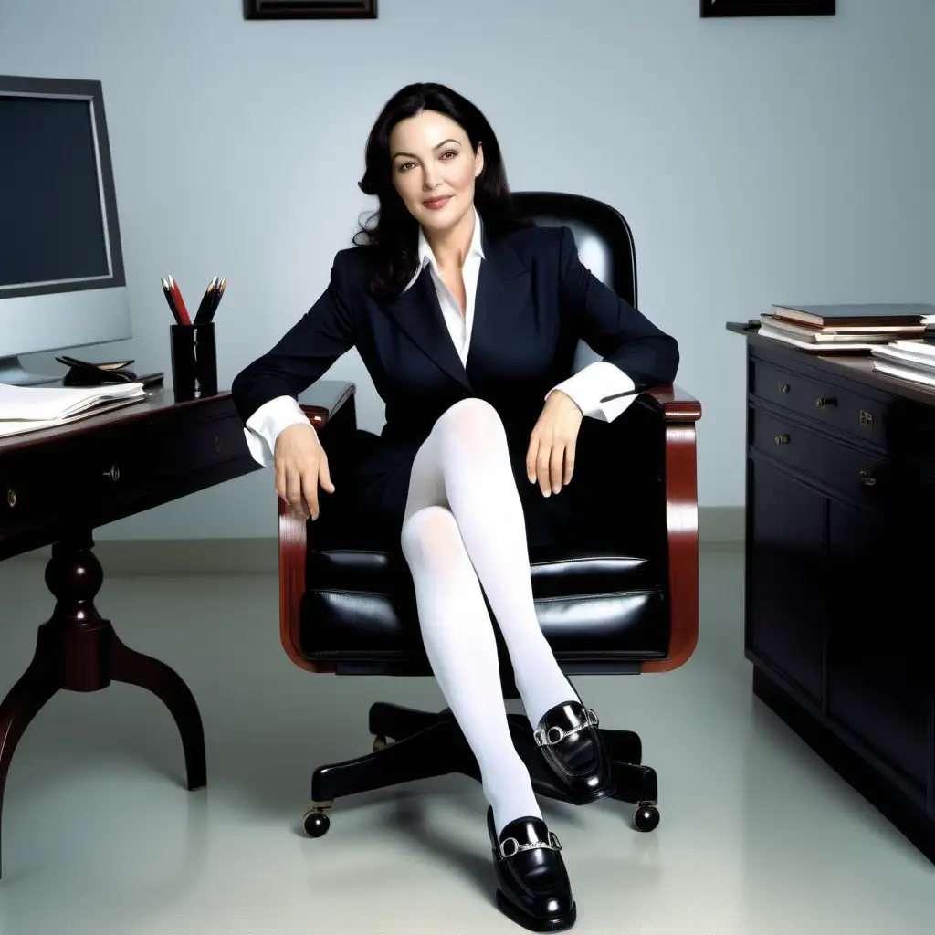 monica bellucci sits radiantly smiling in an office armchair in secretary uniform with long white stockings black patent horsebit loafers full figure photorealistic 
