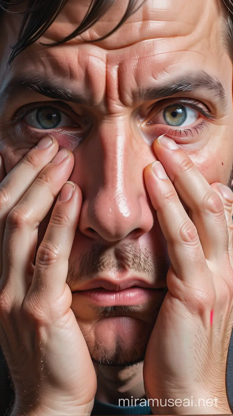 A man has been working all day and his eyes are very tired (close-up, detail), his eyes are tired to close-up, his hands are rubbing his eyes because they are very tired, exaggerated style