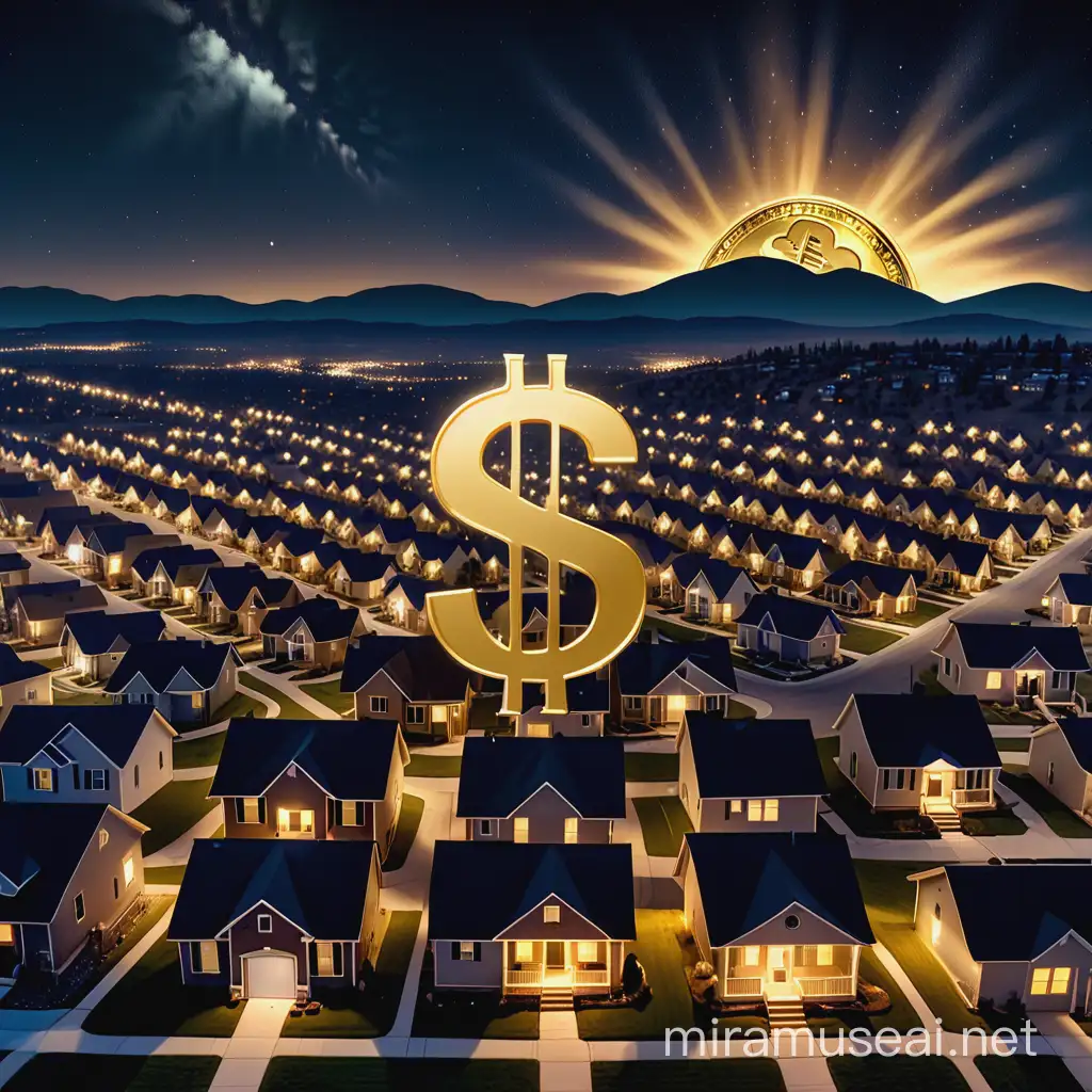 Starry Night Town Illuminated by Giant Gold Dollar Sign