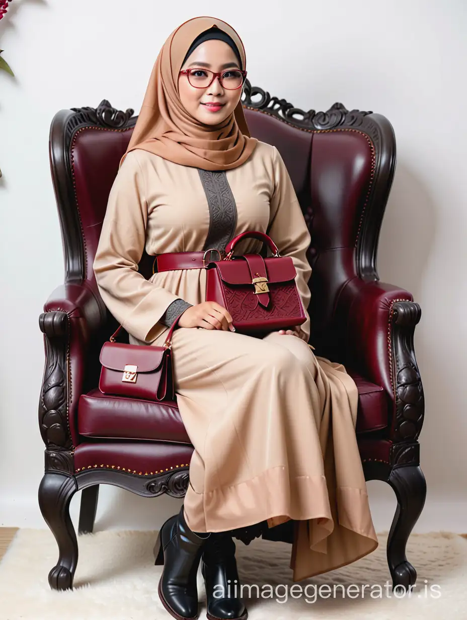 An indonesian lady, aged 35 years old, wearing long jubah colour beige, got carves deco on the hand side and the bottom edge. Wearing maroon long hijab cover the breast area. Holding LV red hand bag on her tigh, And wearing black leather ladies boot. Sitting on a white carved wooden chair. Wearing glasses. Background mini black charcoal. Very trendy and elegence