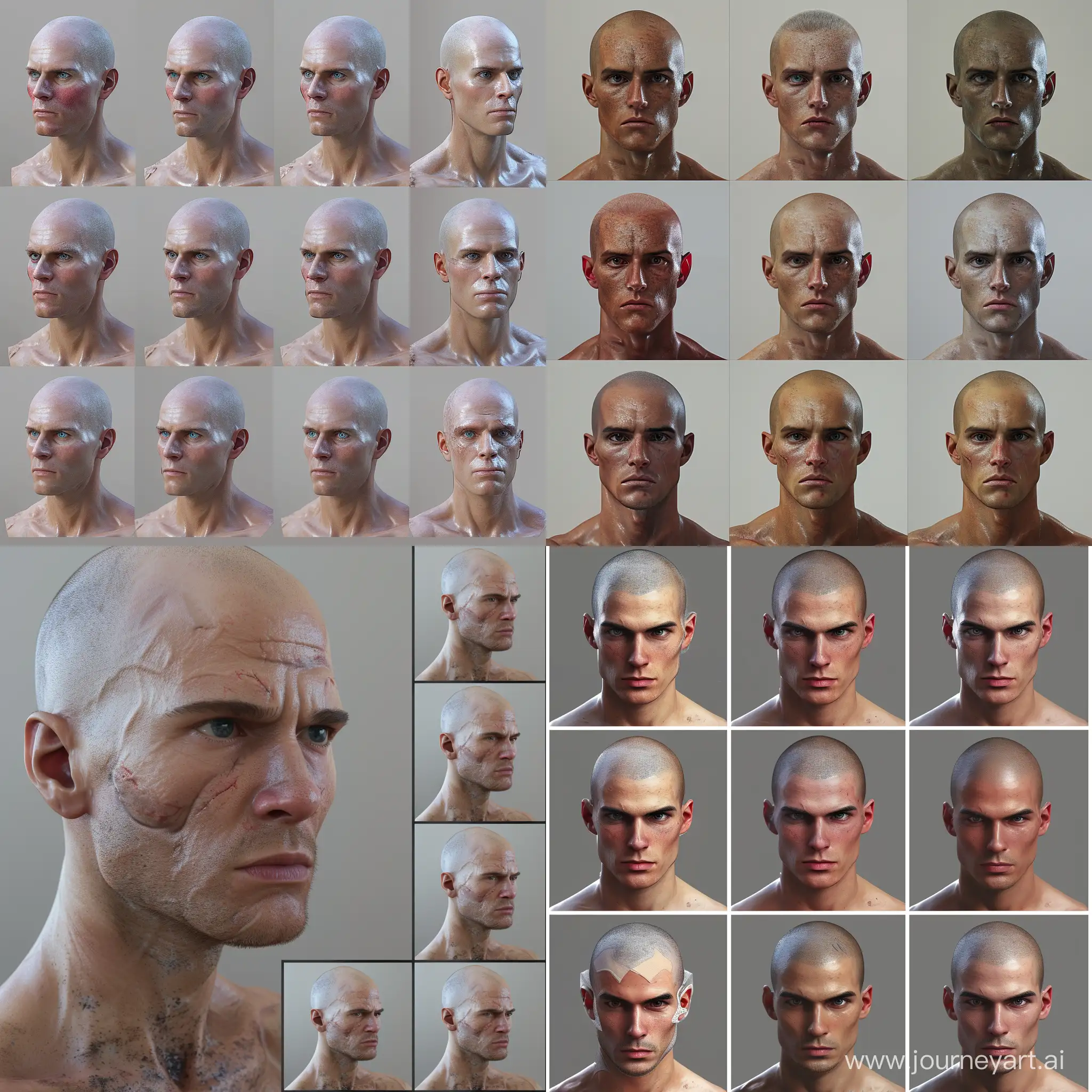 A very realistic man with 9 different heads with hairless series - very high detail
