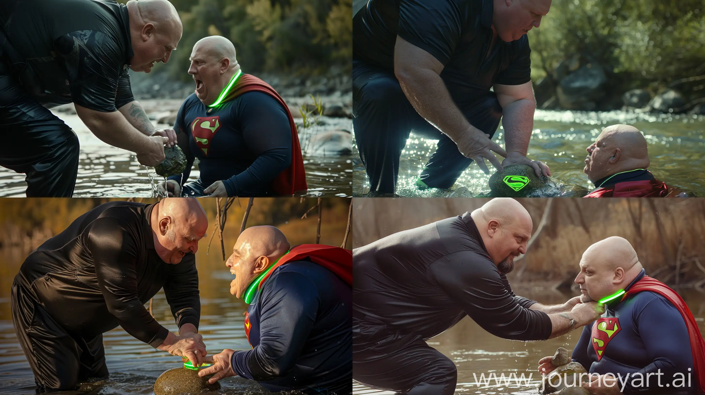 Close-up photo of a fat muscular man aged 60 wearing silk black tracksuit pants and a black silk sport polo. He is bending and placing a small green glowing rock in front of the mouth of a fat man aged 60 wearing a silk navy blue complete superman tight uniform with a large red cape and a tight green glowing neon dog collar on the neck sitting in the water. River. Bald. Clean Shaven. Natural light. --style raw --ar 16:9