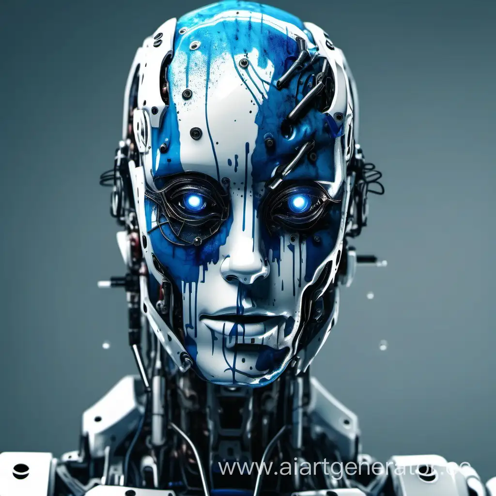 Робот похожий на человека с брызгами синей крови на лице крупным планом
