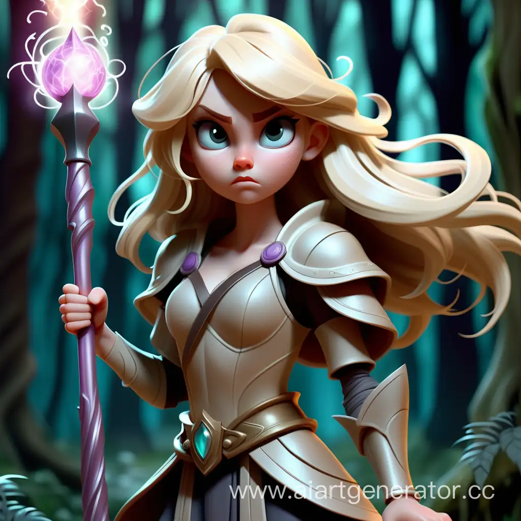 Девушка с светлыми волосами, анимационный стиль, наполнена  желанием мести, добрая, обучается магии, в руках магический скипетр, в воинственном костюме, волосы не такие распущенные, на фоне магического леса, от которого течет магия.