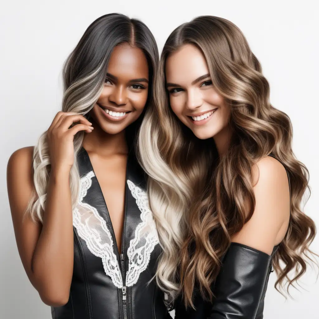 photoshoot with white background of two hair models hands in hair smiling, one with darker skin both with long dimensional balayage wavy hair wearing lace and leather attire
