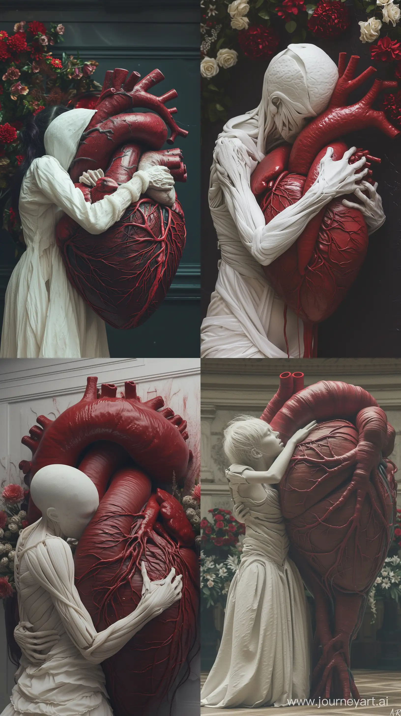 a faceless woman in white hugging with a huge heart, in the style of marco mazzoni, fine attention to anatomy, national geographic photo, dark red heart,flowers on the back wall, aron demetz, detailed character design, medical imaging film ,front view photo ,intricate details and textures --style raw --v 6.0 --ar 9:16