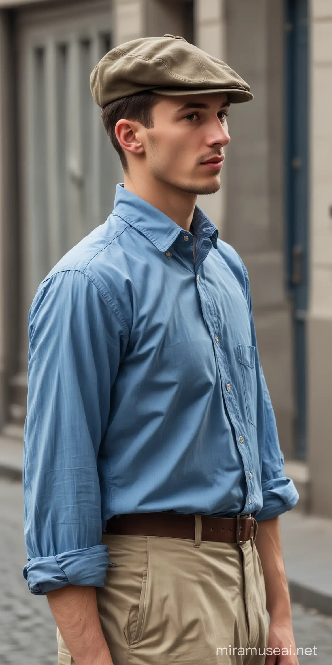 a colorful photo of 20yo man partisan wearing blue classic shirt and a hat standing backward oriented on the street in Warsaw during World War II focal length 300 mm