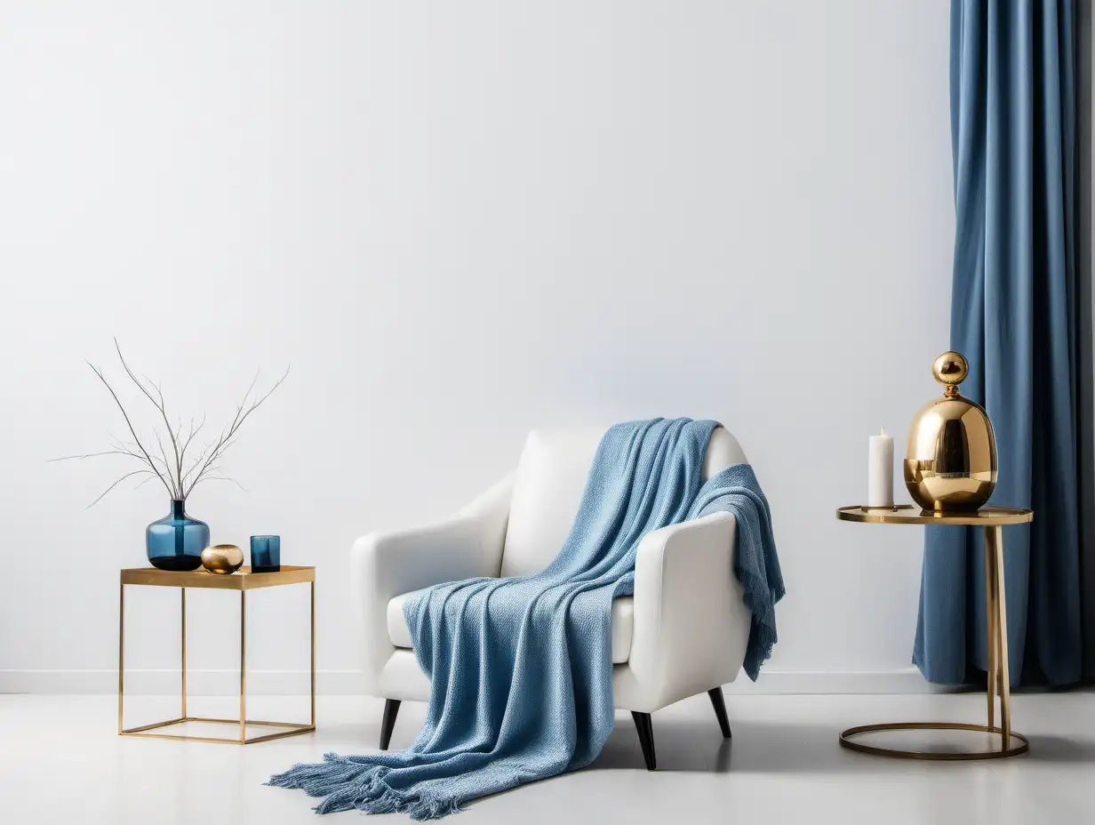 Commercial Photography, modern minimalist living room interior with white chair, a little bit blue blanket and golden decor